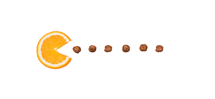 The image shows a slice of orange resembling the Pac-Man video-game character.