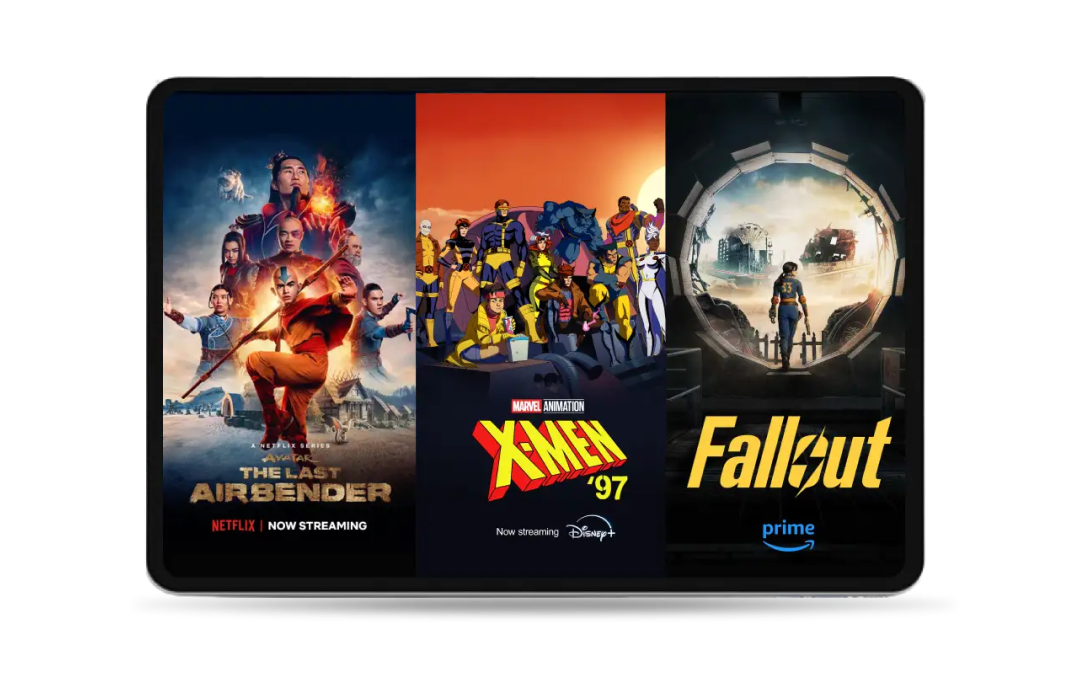 A tablet displaying three popular Stream+ series, Avatar: The Last Airbender on Netflix, X-Men ‘97 on Disney+ Standard and Fallout on Prime.
