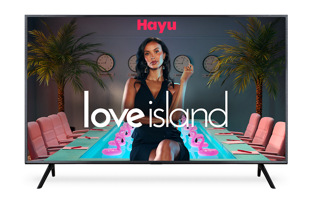 A TV screen displaying the poster for Love Island on Hayu.