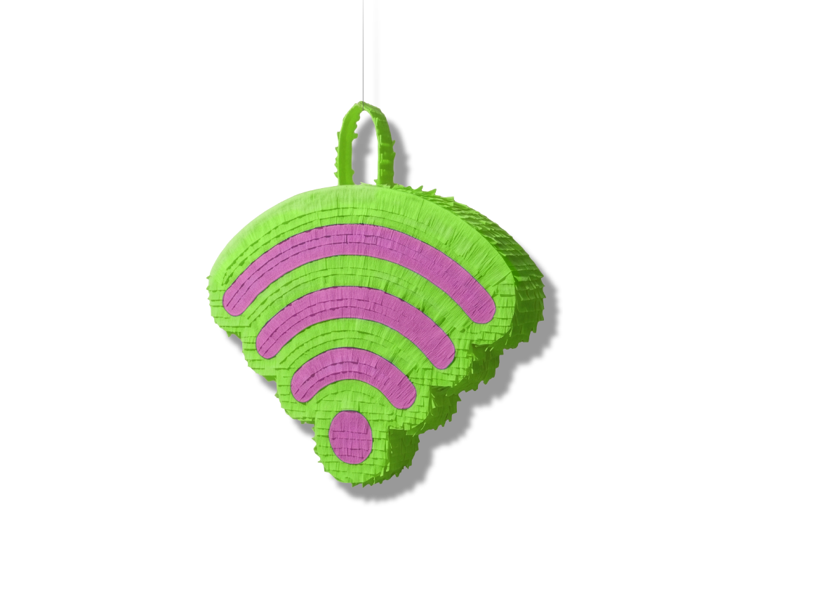 A piƱata shaped like a Wi-Fi symbol is shown.