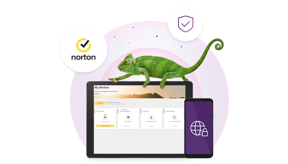 A tablet with Online Security prevention screen showing device security, Dark Web Monitoring, Secure VPN and Password Manager as well as Norton logo