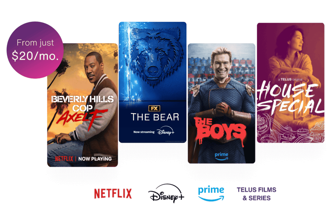 Popular Stream+ series and movie covers; Beverly Hills Cop Axel F, Marvel X-Men ‘97, The Boys and House Special. Next to it is a roundel with the text: From just $20 per month.