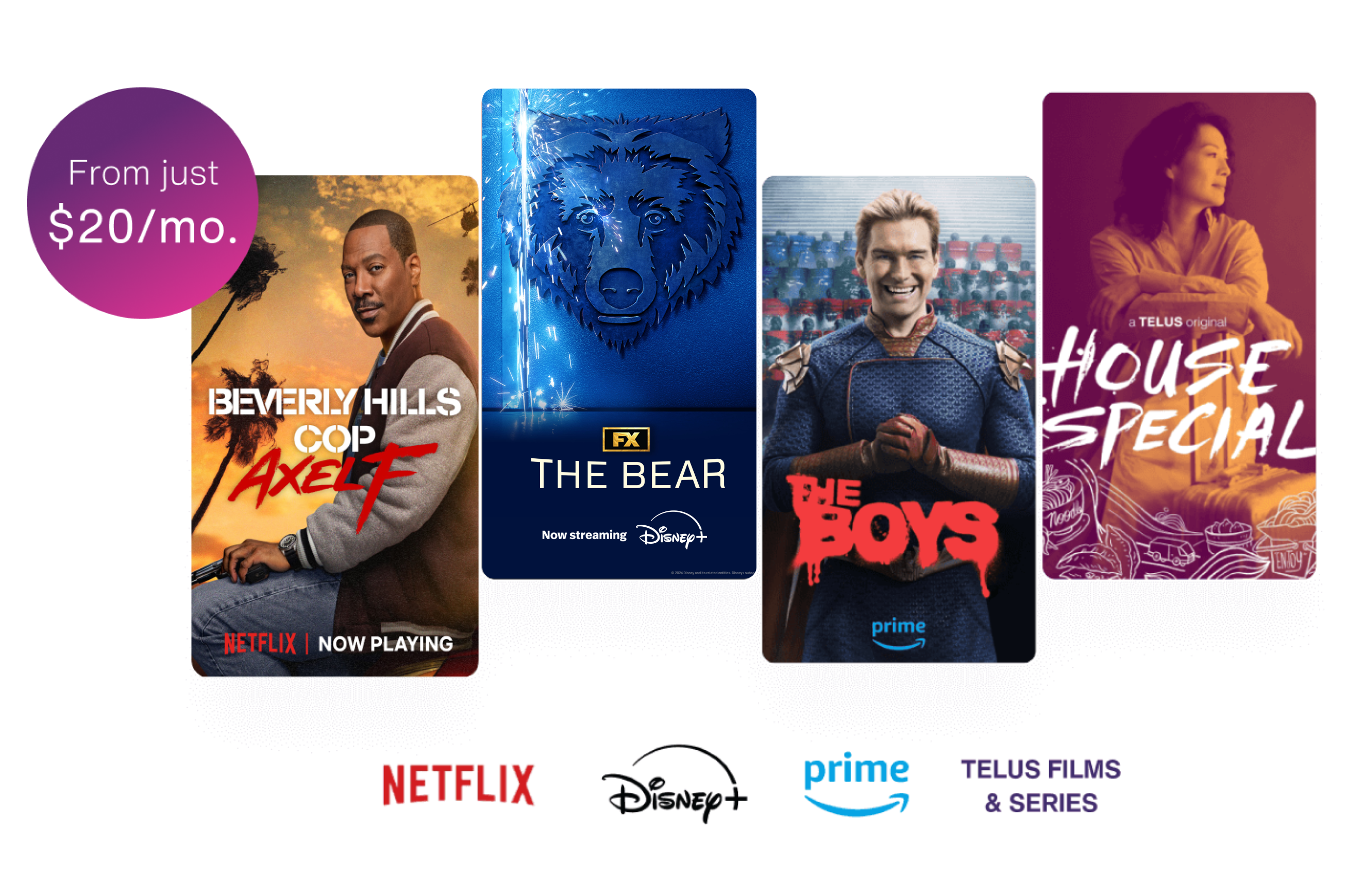 Popular Stream+ series and movie covers; Beverly Hills Cop Axel F, Marvel X-Men ‘97, The Boys and House Special. Next to it is a roundel with the text: From just $20 per month.