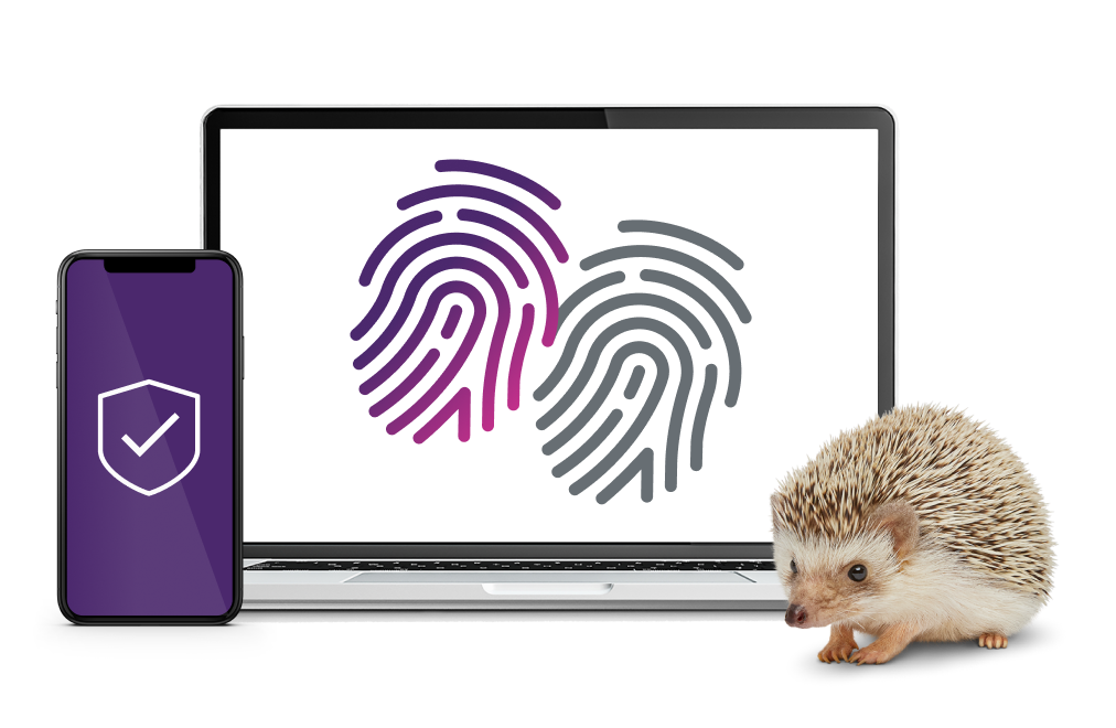 In the image, a smartphone displays the Norton logo, while a laptop shows a fingerprint login verification. A small hedgehog stands behind the phone.