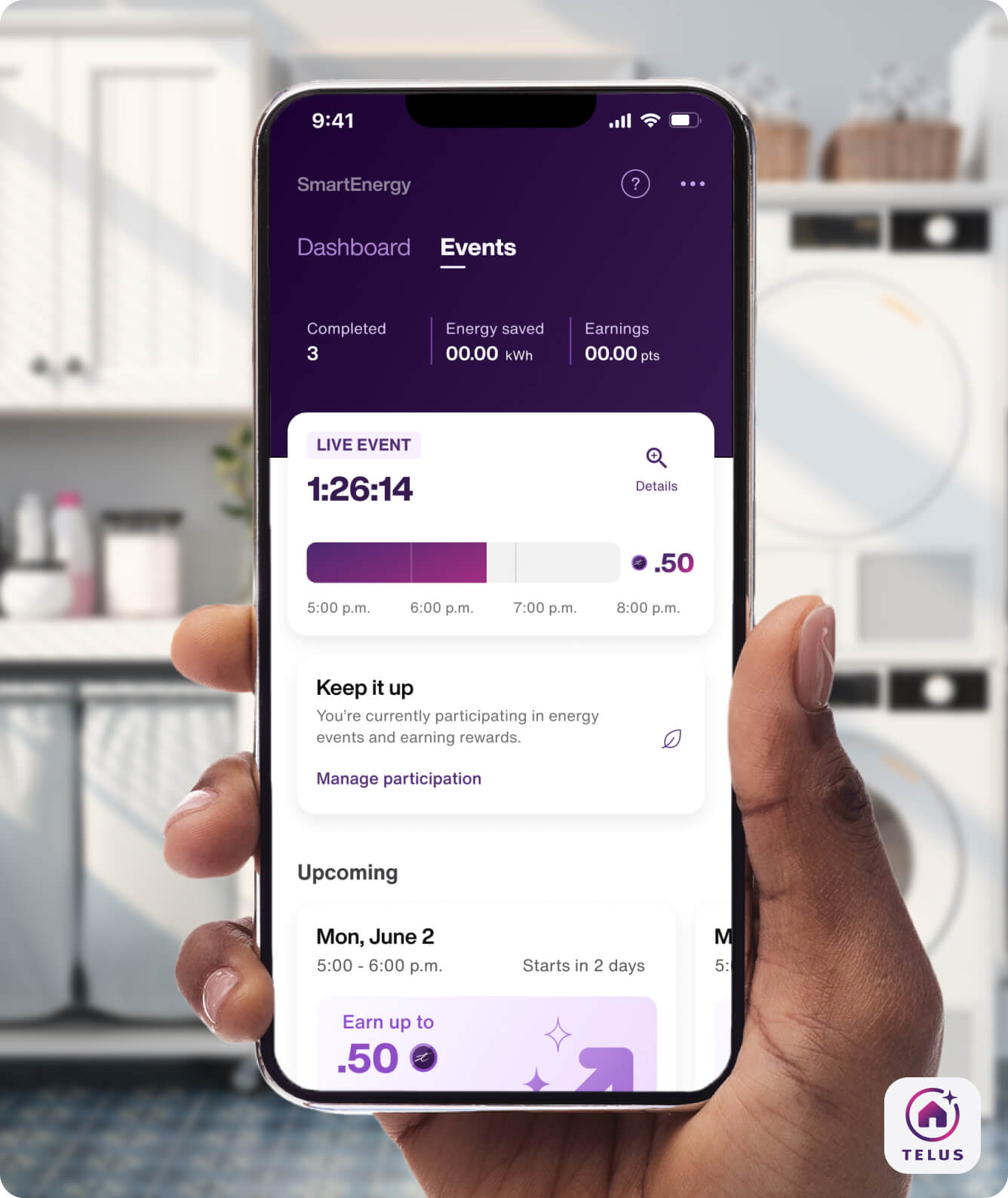 A hand holds the TELUS SmartHome+ app in the laundry room showing the energy savings events dashboard and a live event.