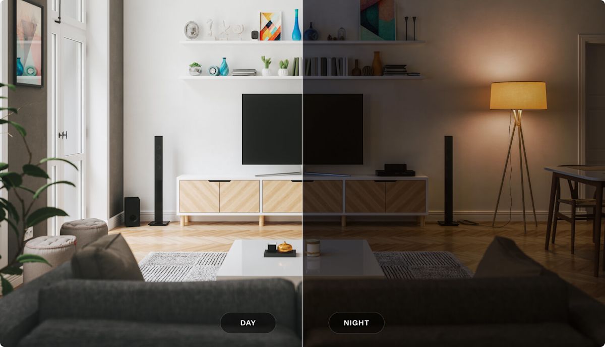 A living room is seen at day and night with the TELUS Indoor Camera.