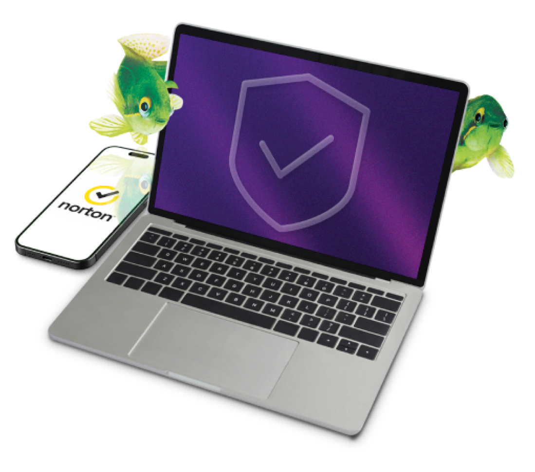 Une image d’un téléphone intelligent, d’un passeport, de poissons verts et d’un ordinateur portable affichant le logo de Sécurité en ligne TELUS sur un écran au fond mauve.