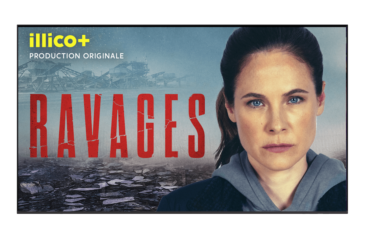 A TV displaying Ravages, streaming on illico+.