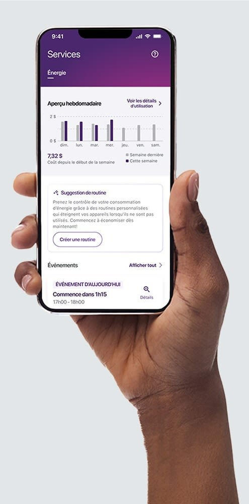 The TELUS SmartHome+ app while showing estimated costs, energy usage and trends over time. 