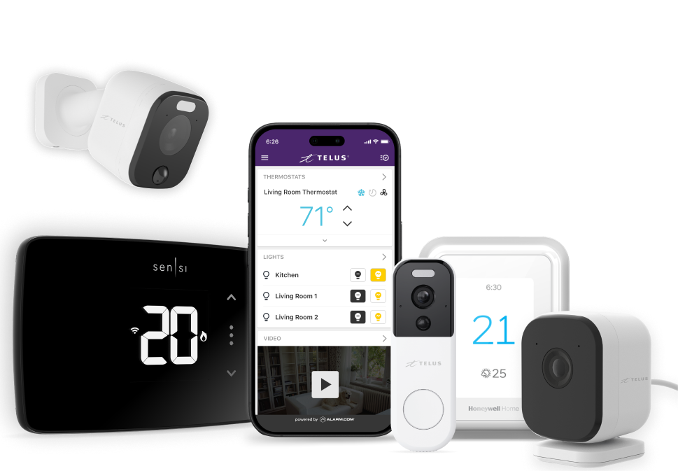 Un téléphone intelligent entouré de thermostats intelligents et de caméras de sécurité.