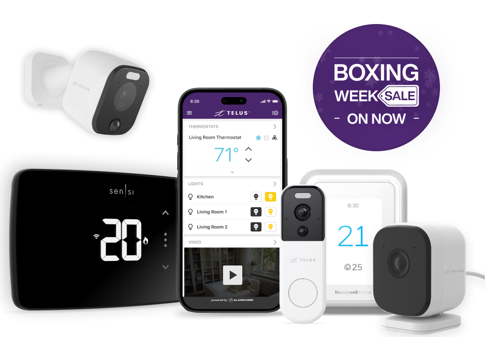 A smartphone surrounded by various smart thermostats and security cameras. A roundel on the right reads “Boxing Week Sale on now”.