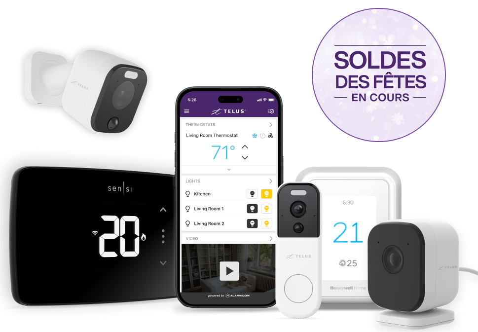 Un téléphone entouré de thermostats intelligents et de caméras de sécurité. Une cocarde à droite indique « Soldes des Fêtes en cours ».