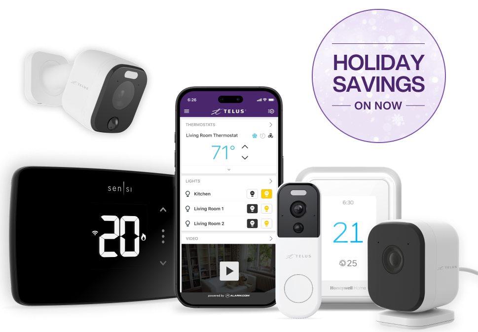 A smartphone surrounded by various smart thermostats and security cameras. A roundel on the right reads “Holiday Savings on now”.