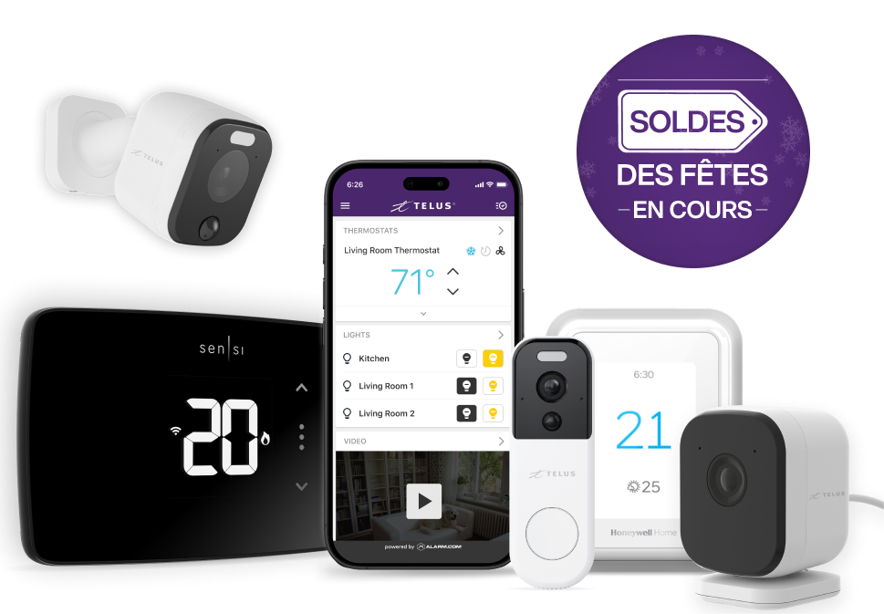 Un téléphone entouré de thermostats intelligents et de caméras de sécurité. Une cocarde à droite indique « Soldes des Fêtes en cours ».