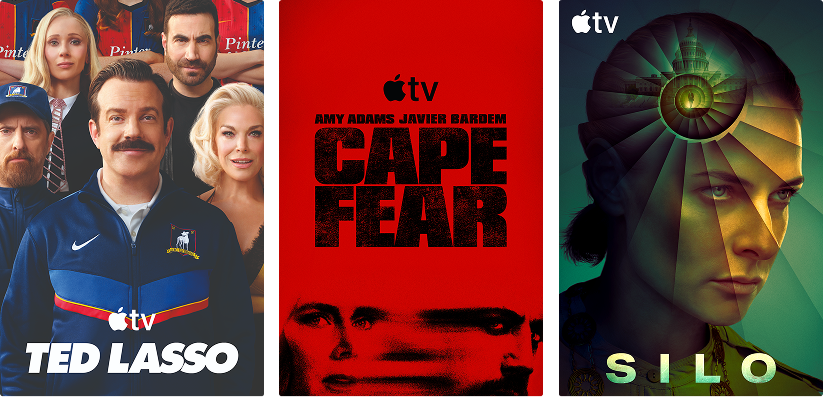 Three posters: ‘Ted Lasso’, ‘Cape Fear’, and ‘Silo’.
