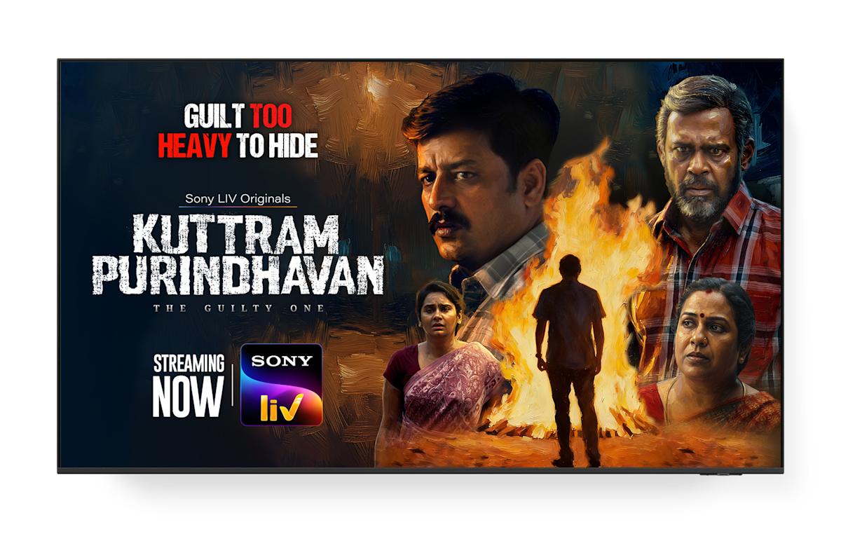 A TV screen displaying the poster for Kuttram Purindhavan on Sony Liv.