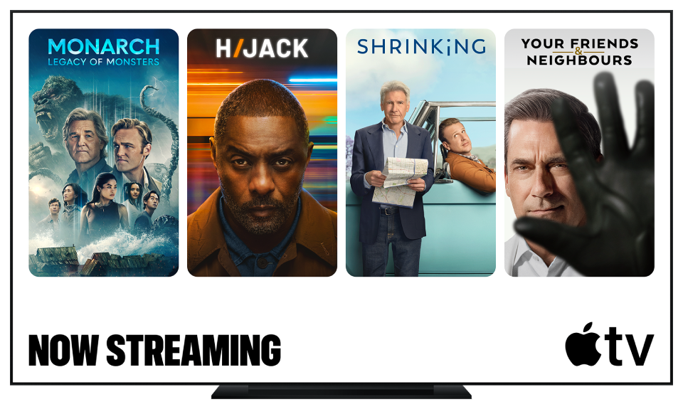 A television screen displays streaming content, available exclusively on Apple TV.