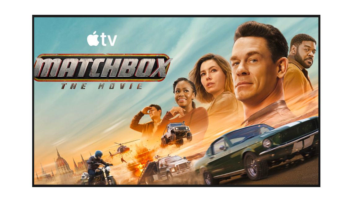 A television screen displays streaming content, available exclusively on Apple TV.