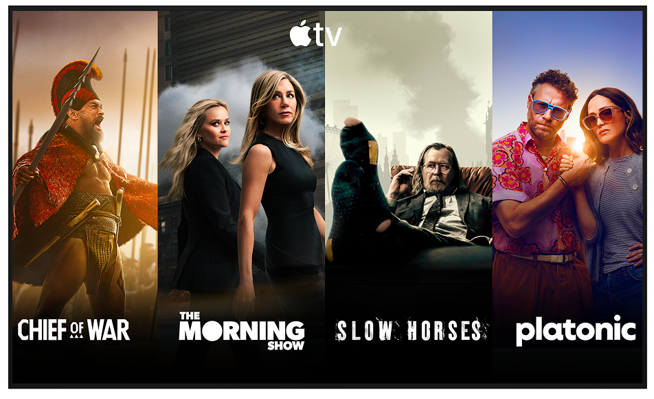 A television screen displays streaming content, available exclusively on Apple TV.