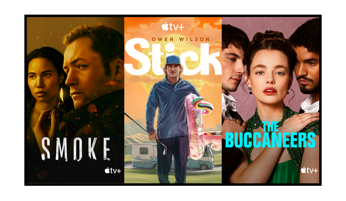 A television screen displays streaming content, available exclusively on Apple TV+.