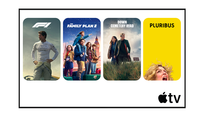 A television screen displays streaming content, available exclusively on Apple TV.