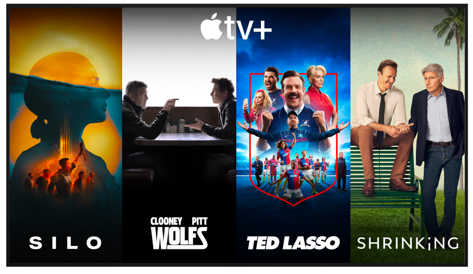 A television screen displays streaming content, available exclusively on Apple TV+.