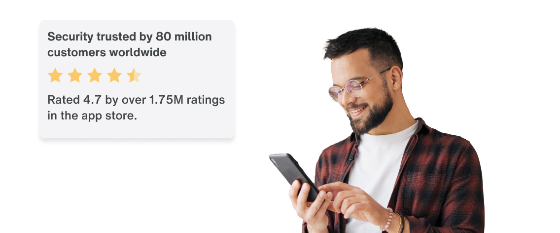 A man using an iPhone shown next to the 4.7 app store rating.