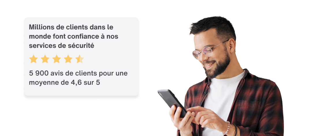 Un homme utilisant un iPhone affiché à côté de la note de 4,7 de la boutique d'applications.