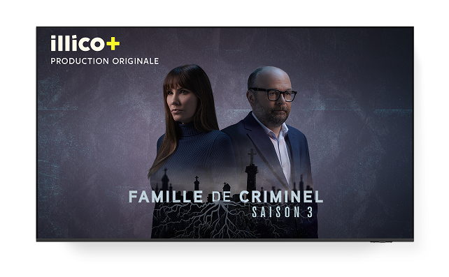 A promotional poster for 'FAMILLE DE CRIMINEL', from 'illico+ PRODUCTION ORIGINALE'.