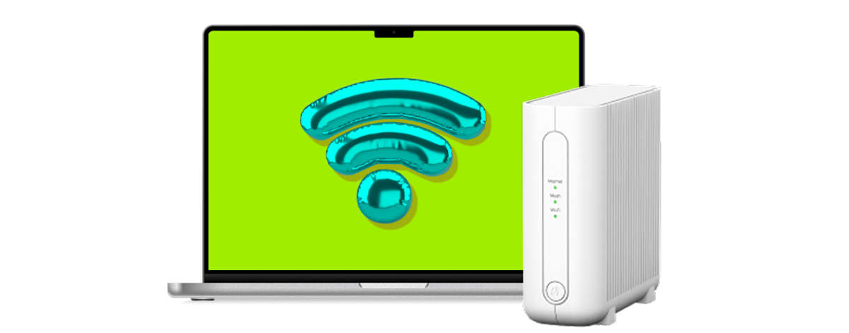 The image shows a laptop displaying a Wi-Fi logo and a Wi-Fi 6E modem.