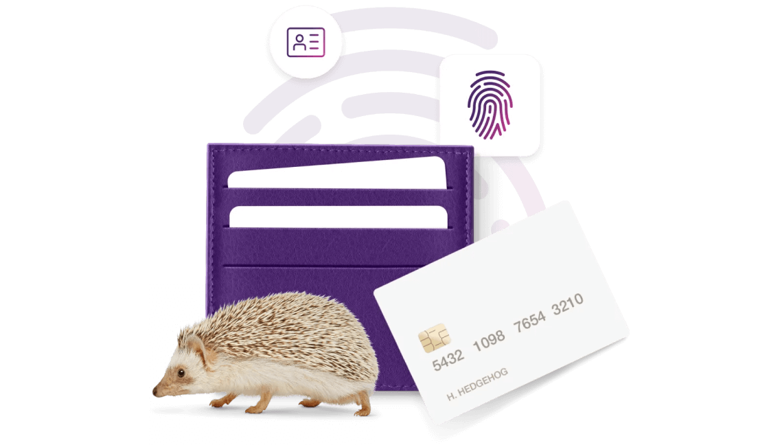 A wallet and credit card featuring a hedgehog and graphic details of identity protection.