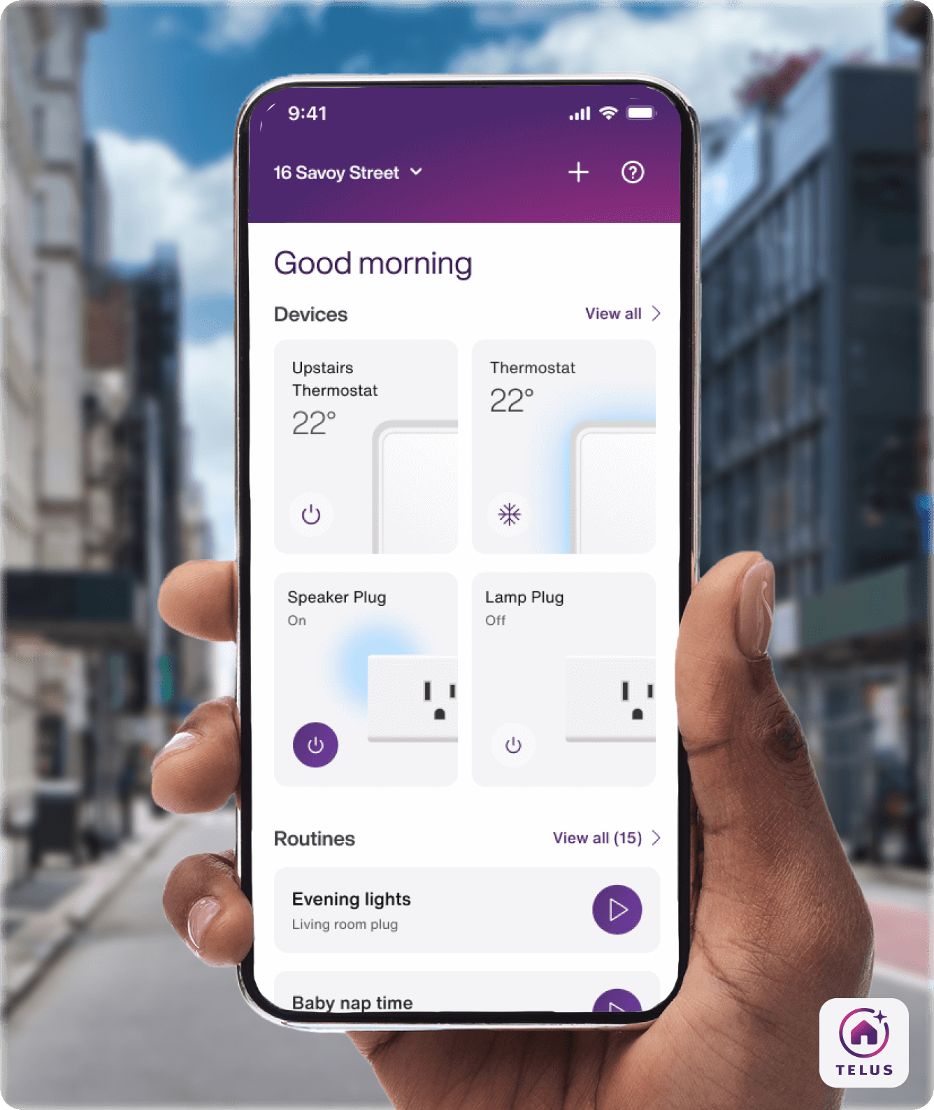 The TELUS SmartHome+ app showing connected smart devices.