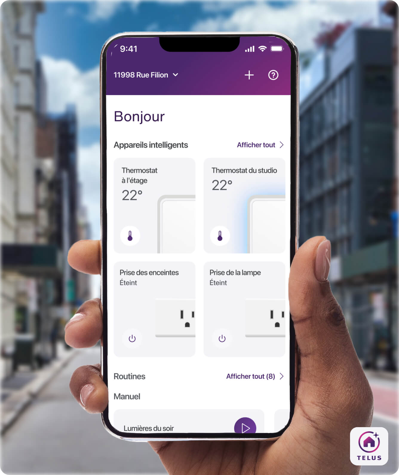 L’application Maison connectée+ de TELUS montrant les appareils intelligents connectés.

