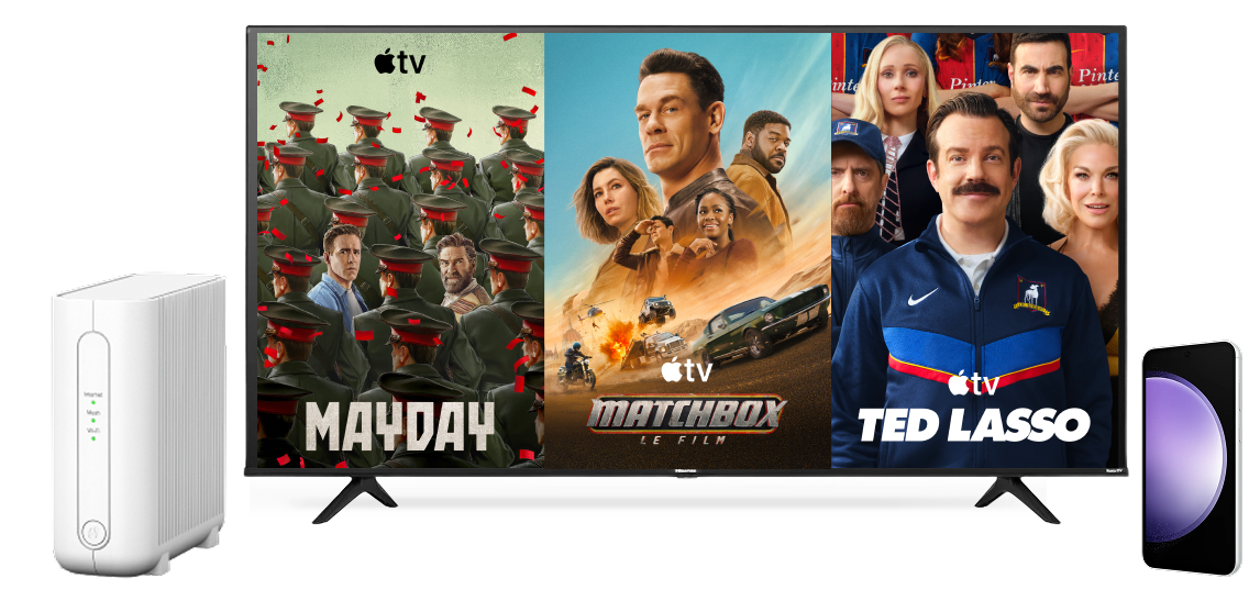 Un collage d’appareils montrant des séries populaires d’Apple TV.