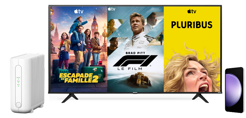Un collage d’appareils montrant des séries populaires d’Apple TV.