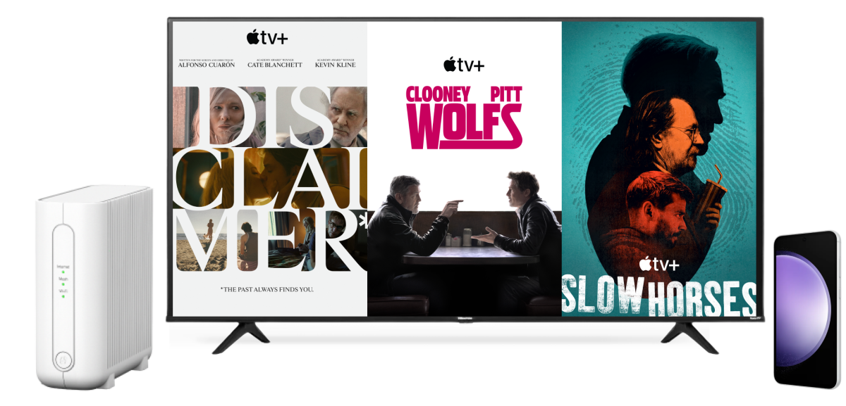 A collage of devices featuring hit Apple TV+ shows: Ted Lasso on a tablet, Hijack on a laptop and The Morning Show on a mobile phone.