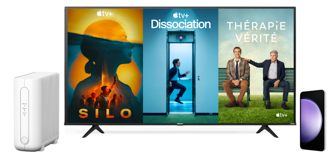 Un collage d’appareils montrant des séries populaires d’Apple TV+ : Ted Lasso sur une tablette, Détournement sur un ordinateur portable et La Matinale sur un téléphone mobile.