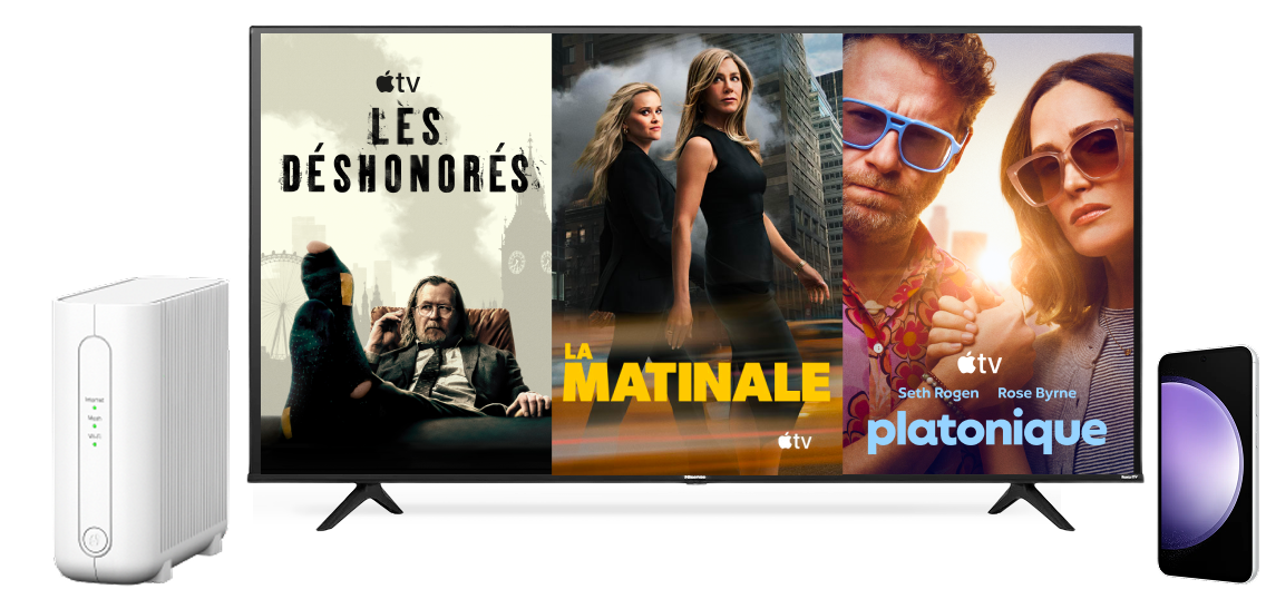 Un collage d’appareils montrant des séries populaires d’Apple TV.