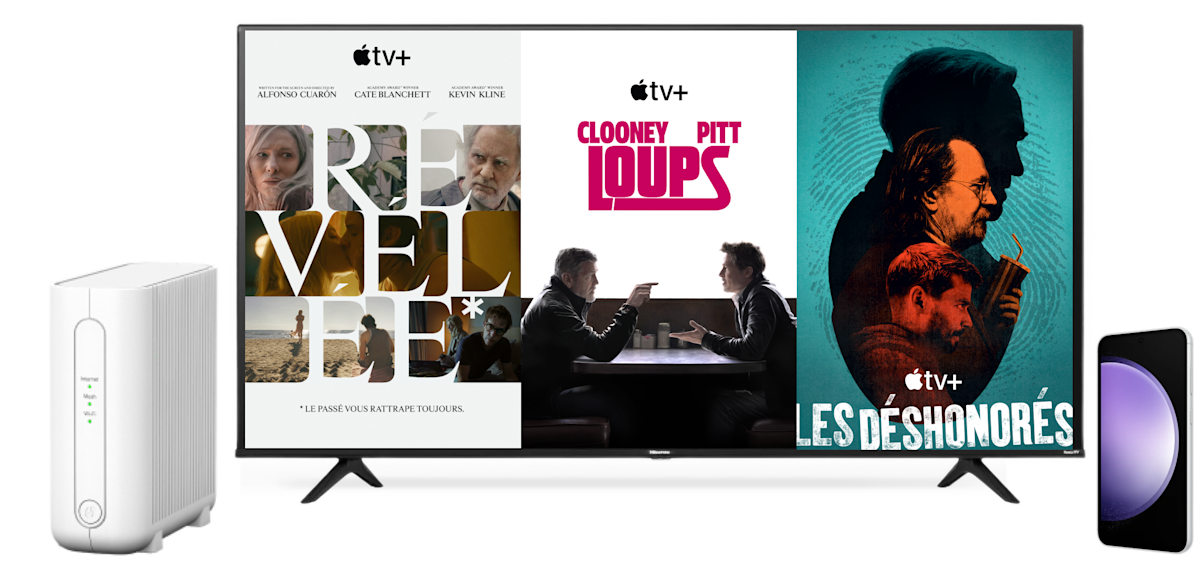 Un collage d’appareils montrant des séries populaires d’Apple TV+ : Ted Lasso sur une tablette, Détournement sur un ordinateur portable et La Matinale sur un téléphone mobile.