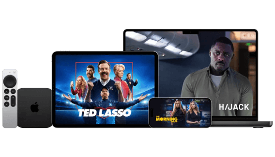 A collage of devices featuring hit Apple TV+ shows: Ted Lasso on a tablet, Hijack on a laptop and The Morning Show on a mobile phone.