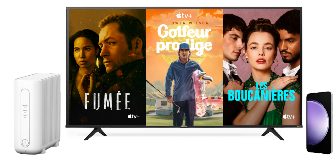 Un collage d’appareils montrant des séries populaires d’Apple TV+.