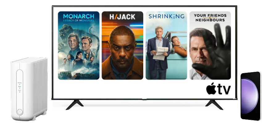 A collage of devices featuring popular Apple TV shows.