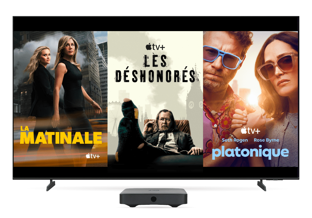 Trois affiches de contenu populaire sur Apple TV+ : La matinale, Les déshonorés et Platonique.