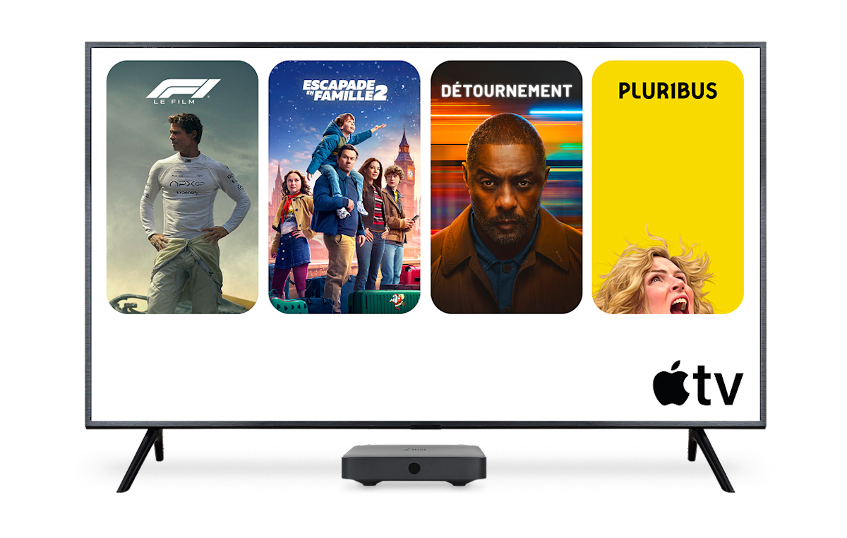 Quatre affiches de contenus populaires sur Apple TV : F1, Family Plan 2, HiJack Saison 2 et Pluribus.
