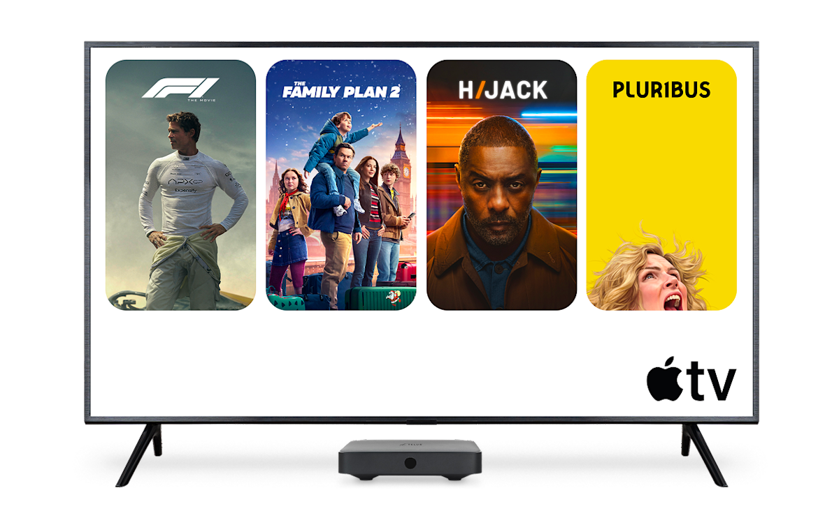 Four posters of popular content on Apple TV; F1, Family Plan 2, HiJack Season 2 and Pluribus.