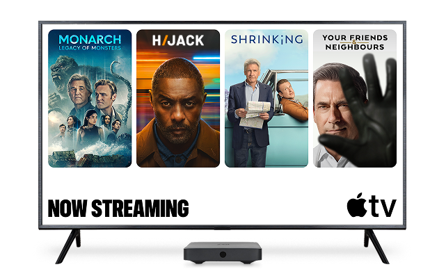 A television shows posters for the films "Monarch: Legacy of Monsters", "Hijack", "Shrinking" and "Your Friends and Neighbours", available for streaming on Apple TV.
