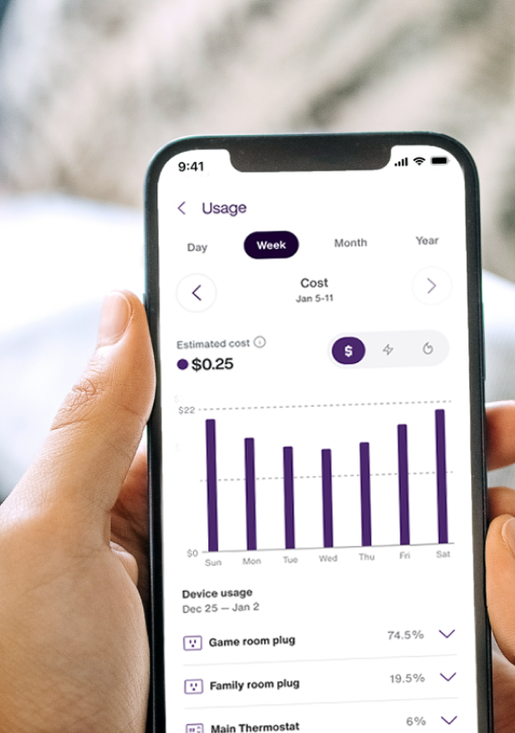 The TELUS SmartHome+ app while showing estimated costs, energy usage and trends  over time. 