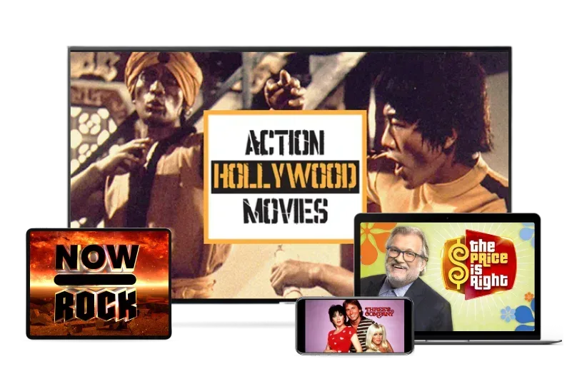 Four devices display different TV shows. A TV screen showing Action Hollywood Movies, a tablet screen showing Now Rock, a laptop showing The Price is Right and a smartphone showing Three's Company.