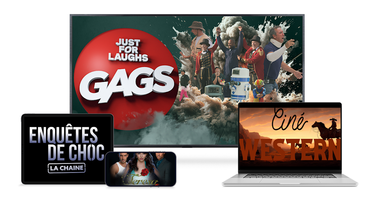 Un téléviseur, un ordinateur portatif, une tablette et un téléphone intelligent. Ces appareils montrent les affiches de Juste pour rire, Enquêtes de Choc, Teresa et Ciné Western.