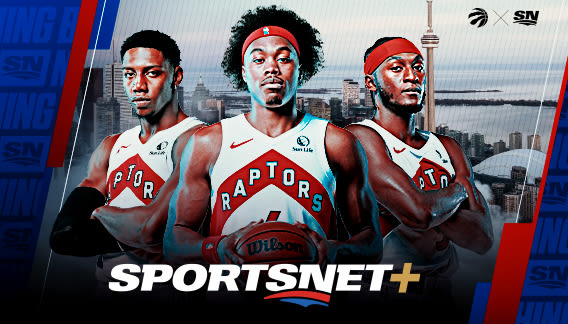 Three Raptors players shown with the Sportsnet logo.